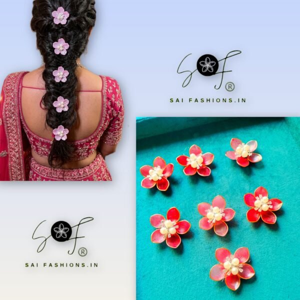Trending Floral Hair Pins - Red ( Set Of 6)
