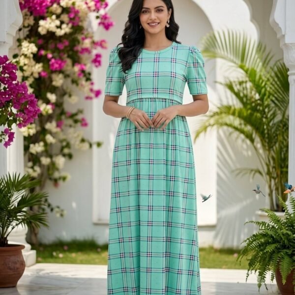 Sea Green Checked Print Zipless Full length Maternity Loungewears