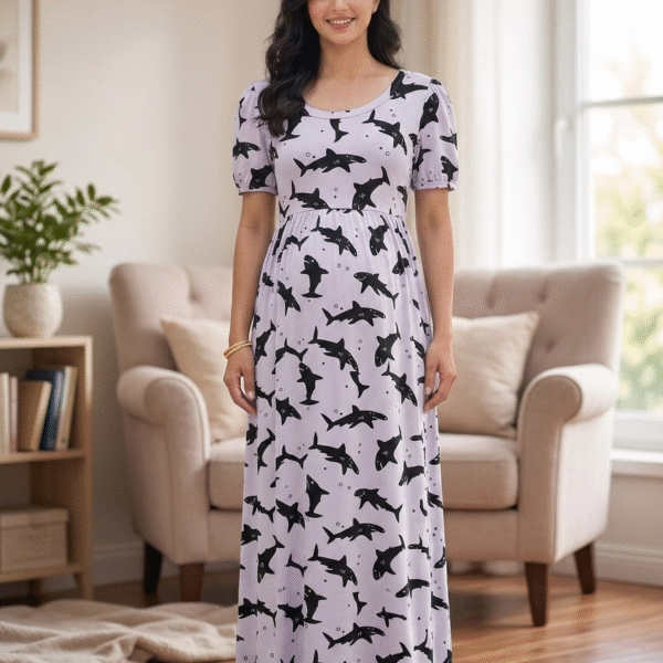 Purple Shark Print Zipless Full length Maternity Loungewears