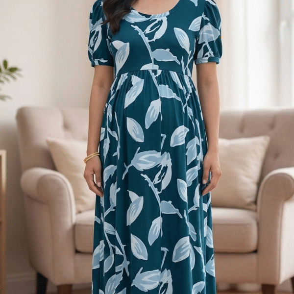 Darkblue Leafy Theme Print Zipless Full length Maternity Loungewears