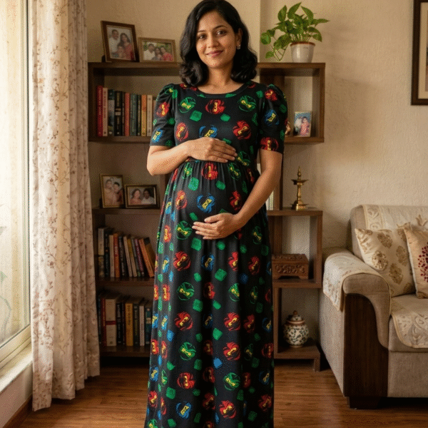 3XL-Black Cartoon Theme Print Zipless Full length Maternity Loungewears