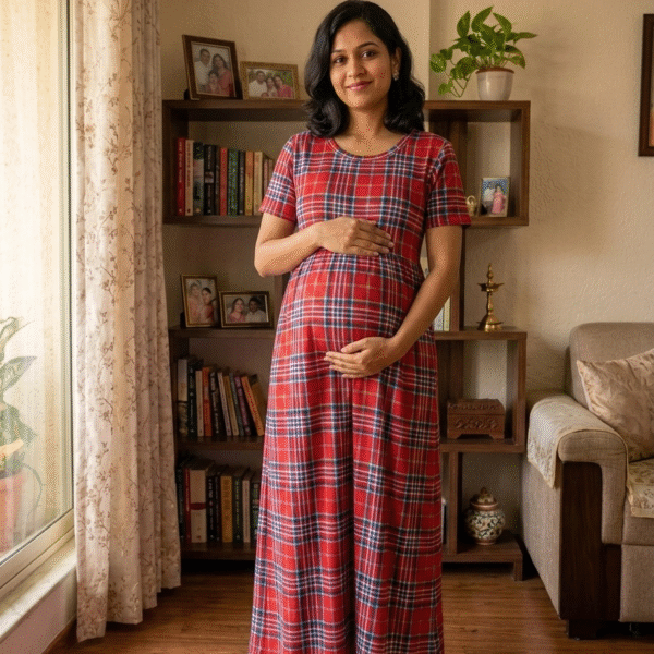 Red Checked Theme Print Zipless Full length Maternity Loungewears ( Ribbed Heavy Fabric)