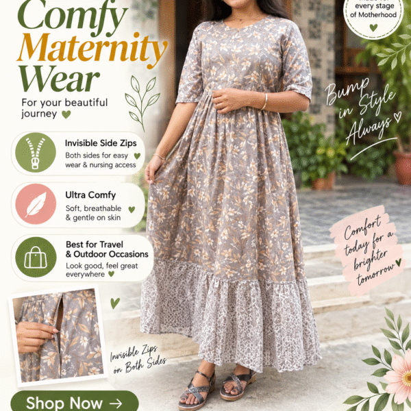 Grey Muslin Silk Leaf Printed Feeding Maxi
