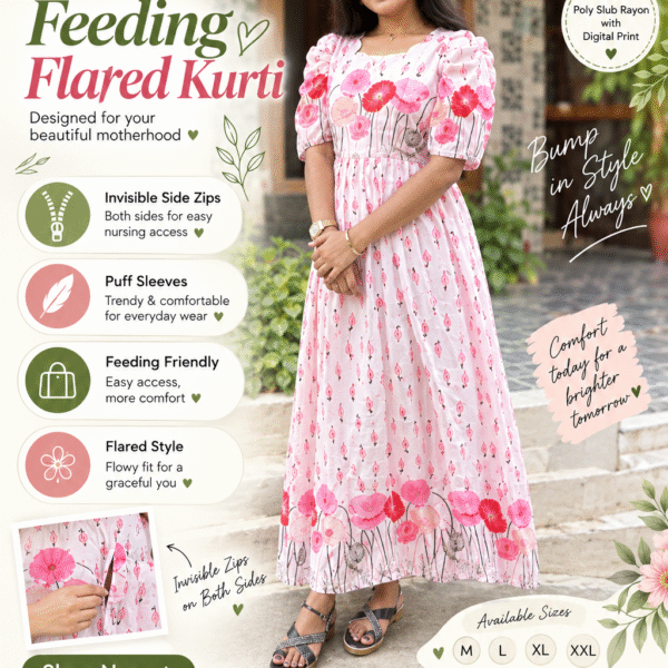 Pink Floral Digital Print Poly Slub Rayon Maternity & Feeding Flared Maxi