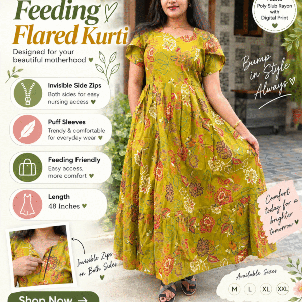 Olive Green Pure Cambric Cotton Floral Print Feeding Maxi