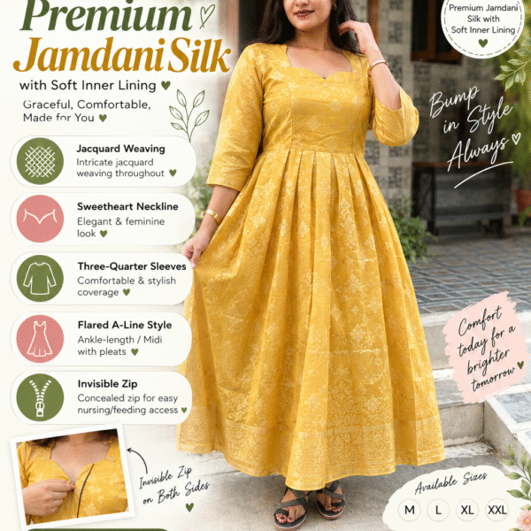 Mustard Yellow Jamdani Silk Jacquard Work Feeding  Maxi
