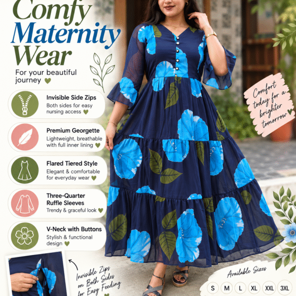 Navy Blue Floral Printed Georgette Feeding Maxi