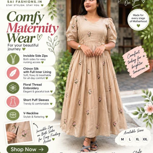 Elegant Beige Chinon Silk Floral Embroidered Feeding Dress