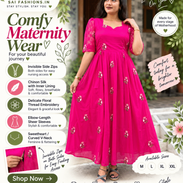 Magenta Pink Chinon Silk Embroidered Feeding Maxi