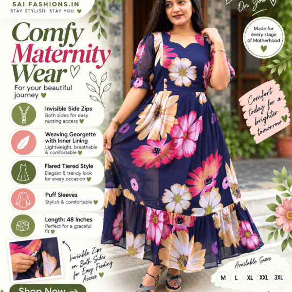 Navy Blue Floral Print Georgette Maternity & Feeding Maxi