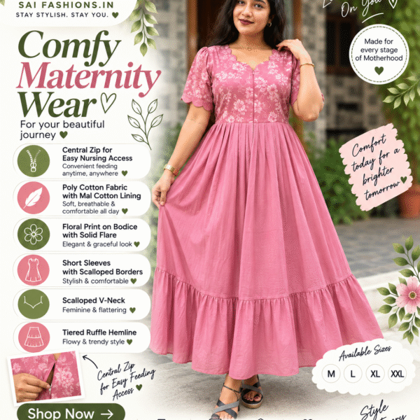 Dusty Pink Poly Cotton Floral Print Central Zip Feeding Maxi
