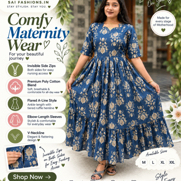 Blue Floral Printed Poly Cotton Feeding Maxi