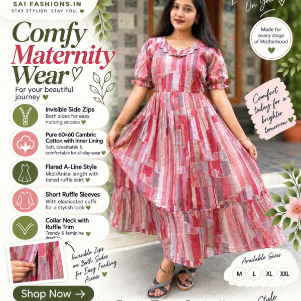 Pink Multicolor Cambric Cotton Striped Print Feeding Maxi