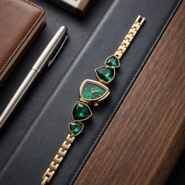 Emerald Elegance Gold Bracelet Watch - Green