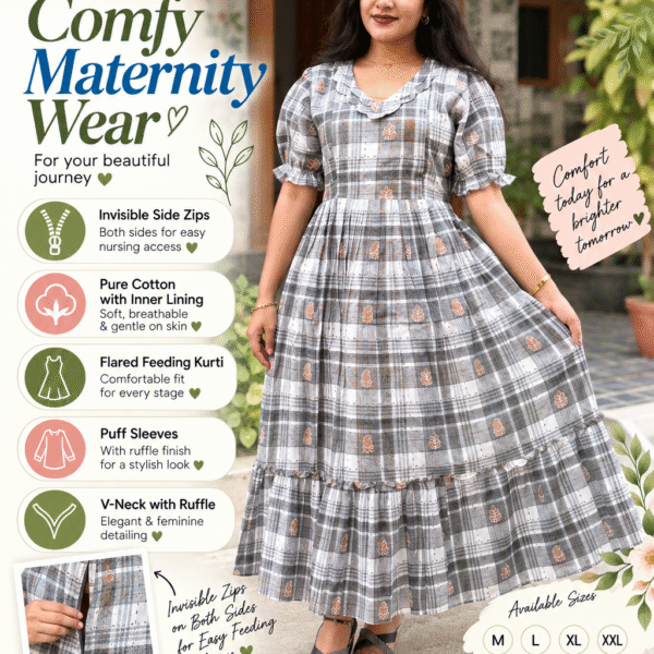 Elegant Grey Checked Feeding Maxi