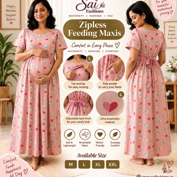 Pink Heart Print Zipless Full length Maternity Loungewears