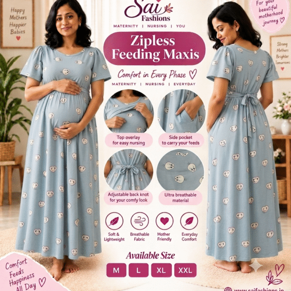 Grey Carrtoon Print Zipless Full length Maternity Loungewears