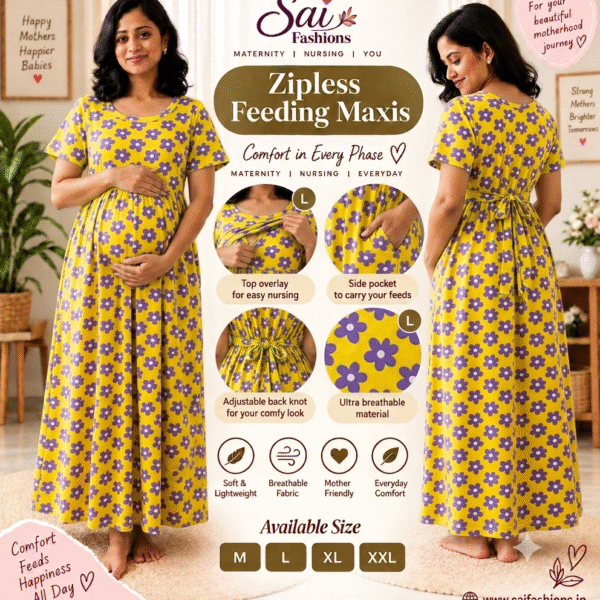 3XL- Yellow Floral Print Zipless Full length Maternity Loungewears