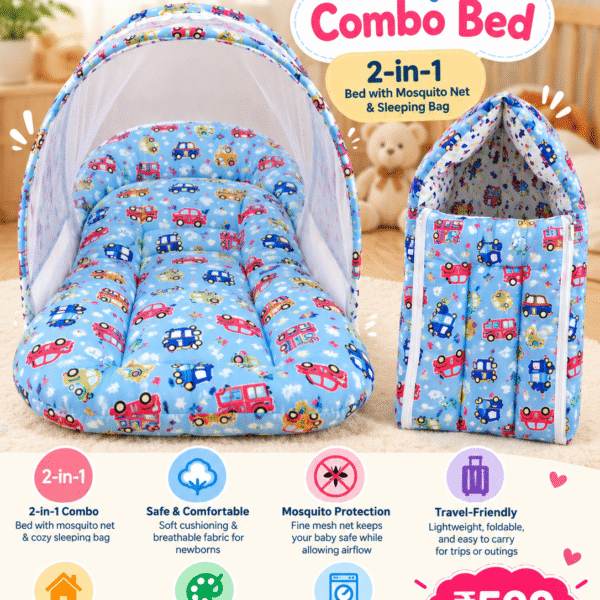 Baby Combo Bed – 2-in-1 Bed with Mosquito Net & Sleeping Bag