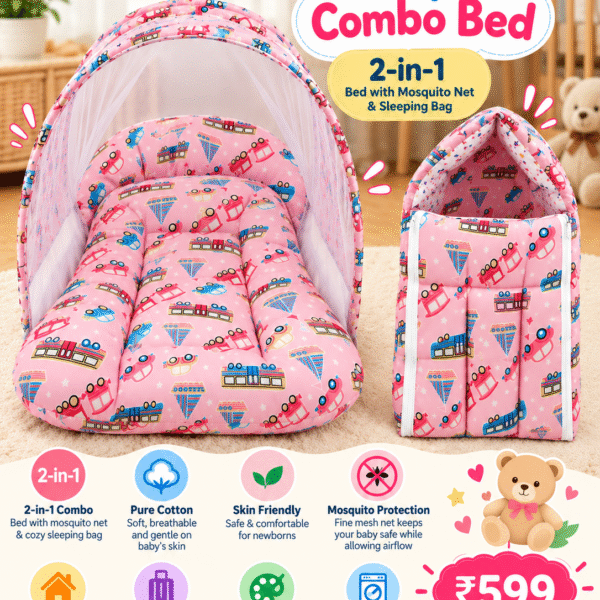 Baby Combo Bed – 2-in-1 Bed with Mosquito Net & Sleeping Bag