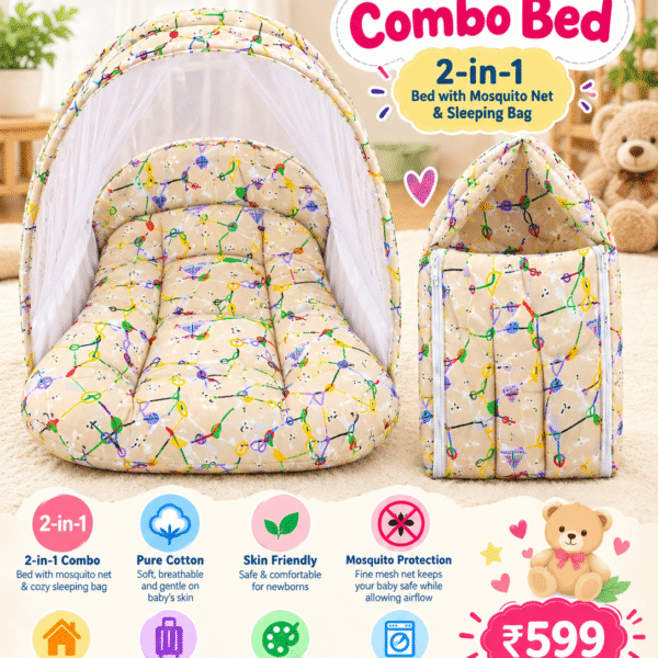 Baby Combo Bed – 2-in-1 Bed with Mosquito Net & Sleeping Bag