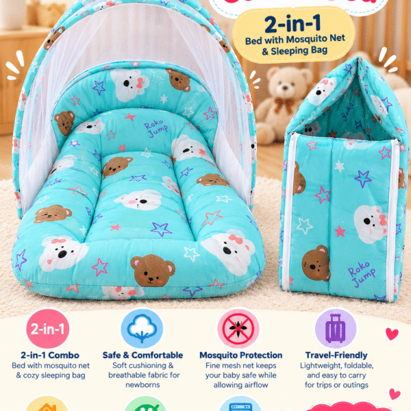 Baby Combo Bed – 2-in-1 Bed with Mosquito Net & Sleeping Bag
